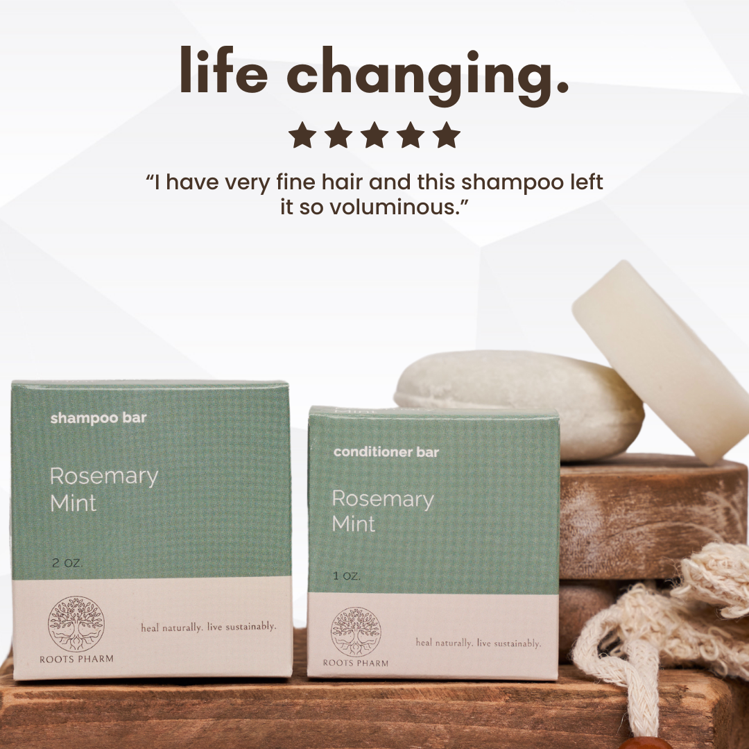 photo of roots pharm's rosemary mint shampoo and conditioner bar for hair growth and volume on a white background with a user's review as copy on the image describing it as life changing