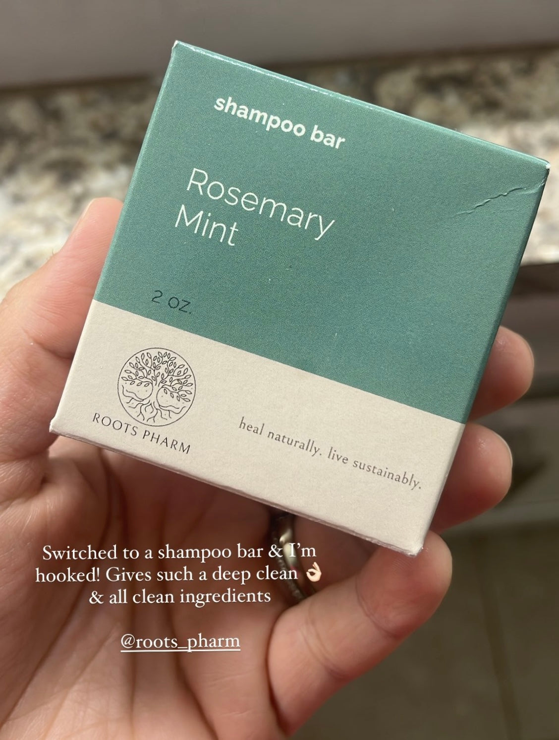 instagram user's photo of a roots pharm rosemary mint shampoo bar explaining why she loves the product