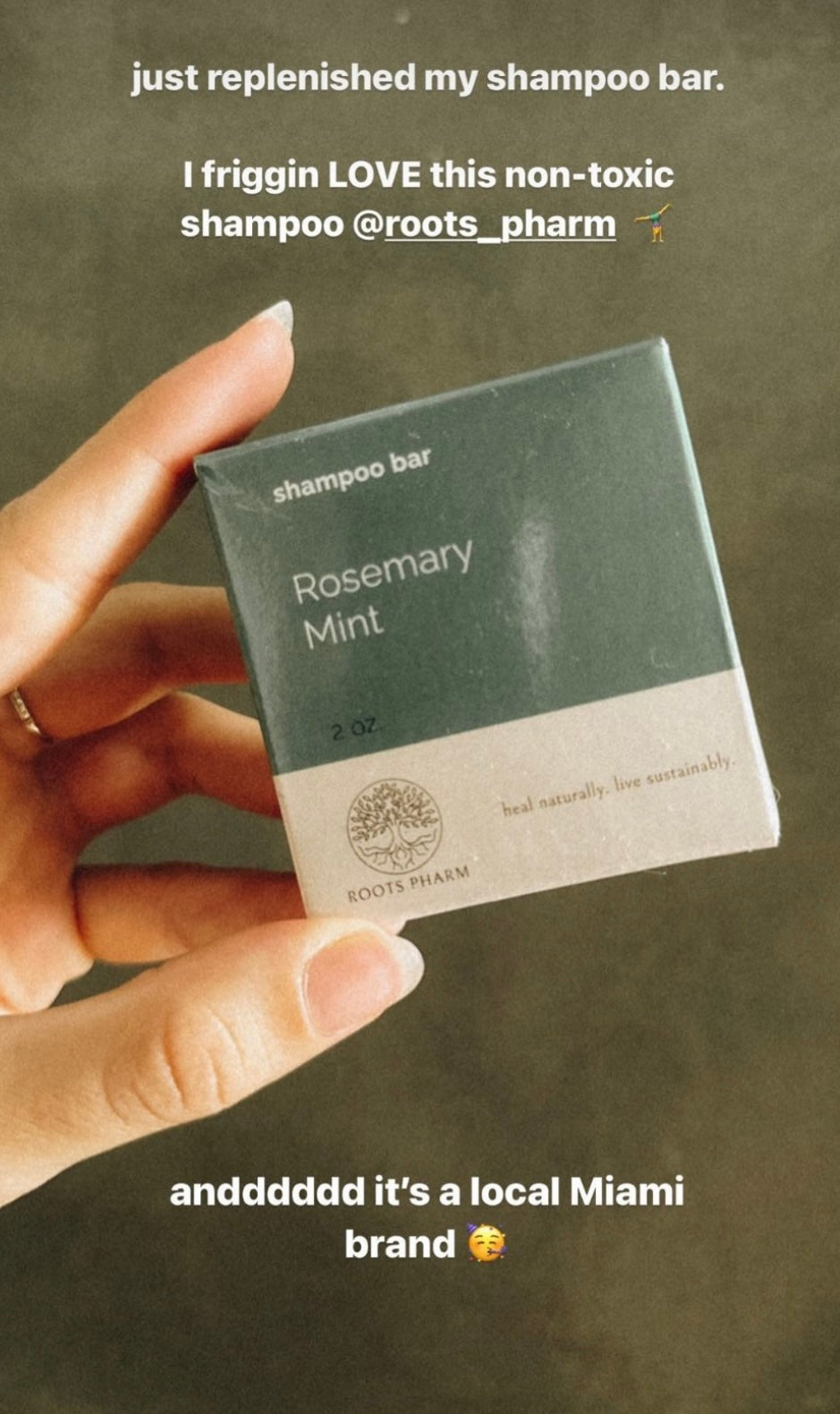 instagram user's photo of a roots pharm rosemary mint shampoo bar explaining why she loves the product