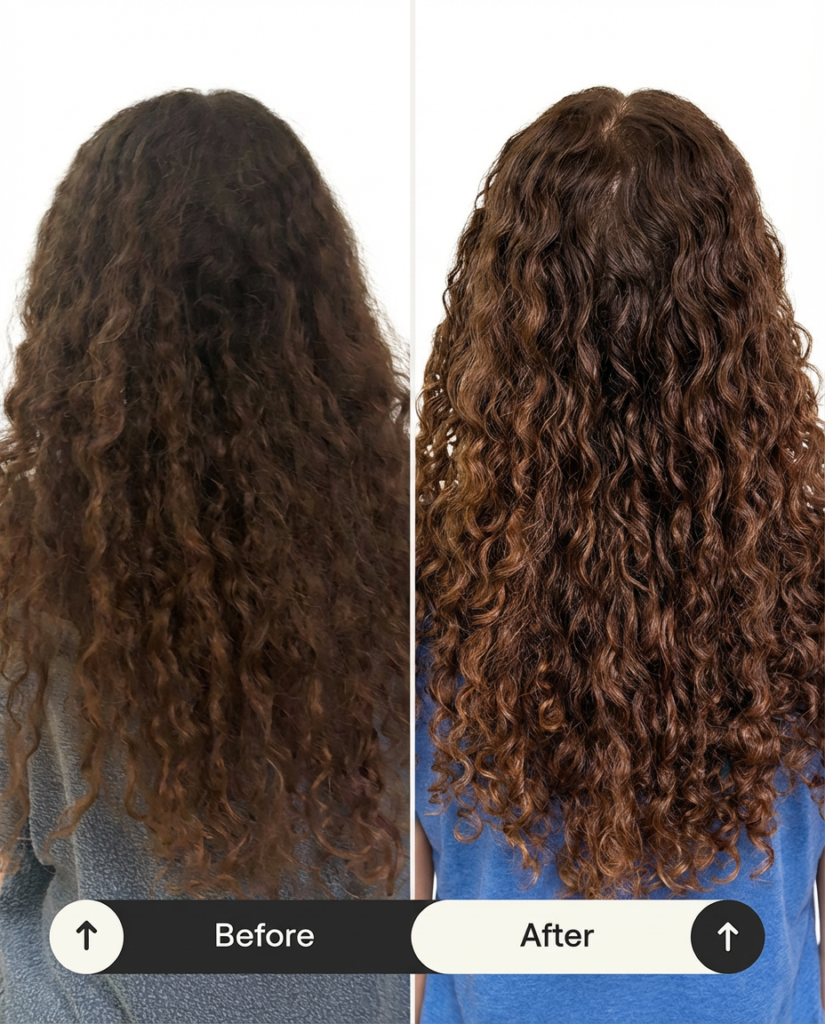a before and after photo of dry hair turned hydrated